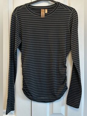 Indyeva Olive Stripe Ruched Long Sleeve Shirt Size S EUC